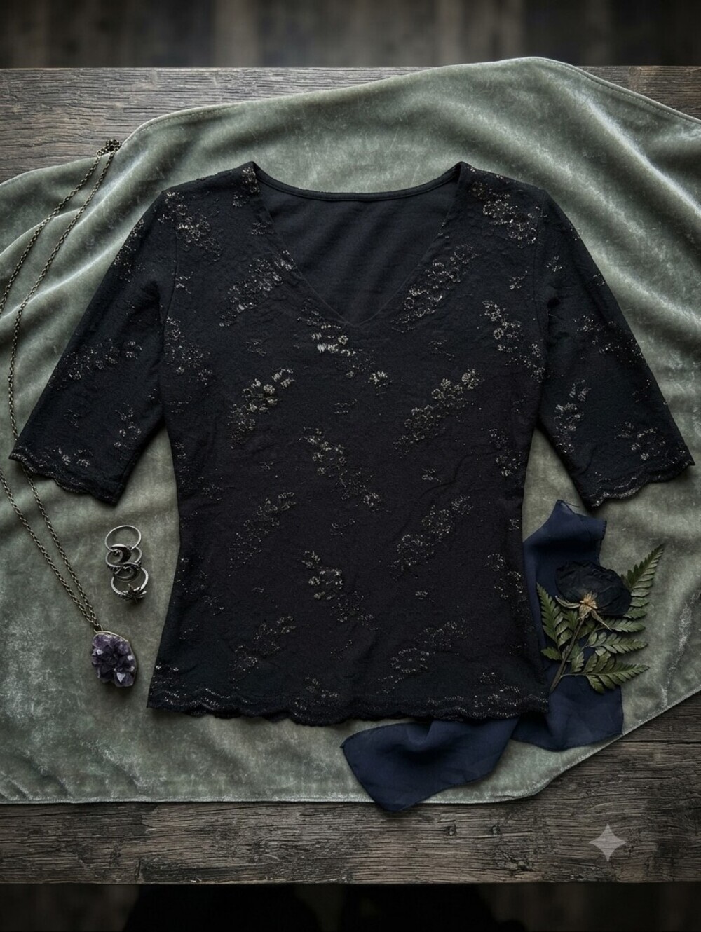 Vintage 90s Necessary Objects Black Stretch Lace Fitted Vneck Blouse